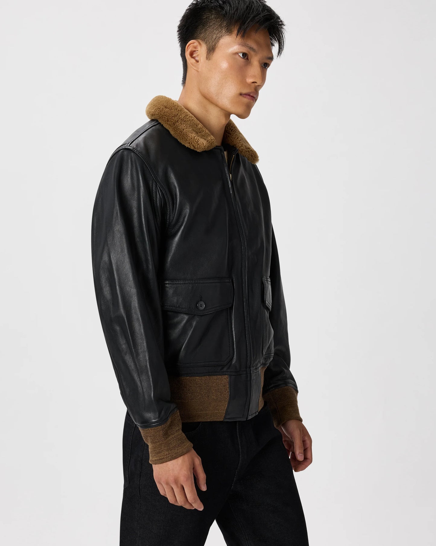 Shearling Collar Leather Flight Jacket - S / True Black