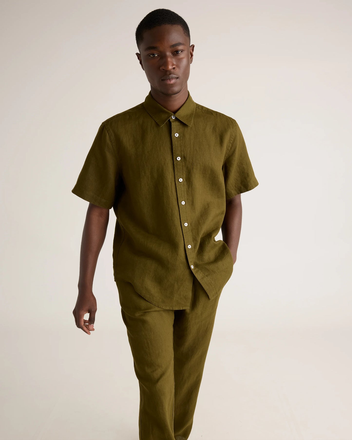 100% European Linen Relaxed Short Sleeve Shirt - XS / Taupe Brown Chambray