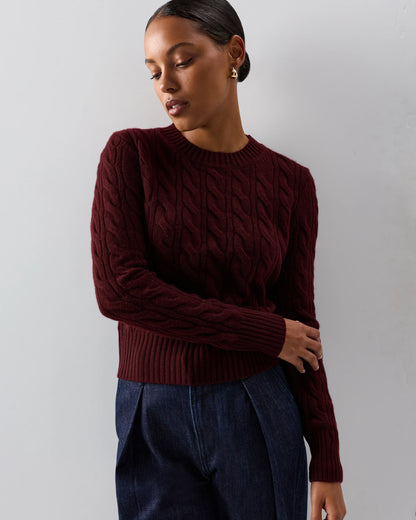 Mongolian Cashmere Shrunken Cable Crewneck Sweater - XS / Varsity Red