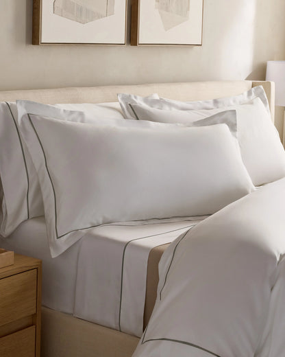 Signature Giza Cotton Sateen Embroidered Sham Set - Standard / White/Dried Sage