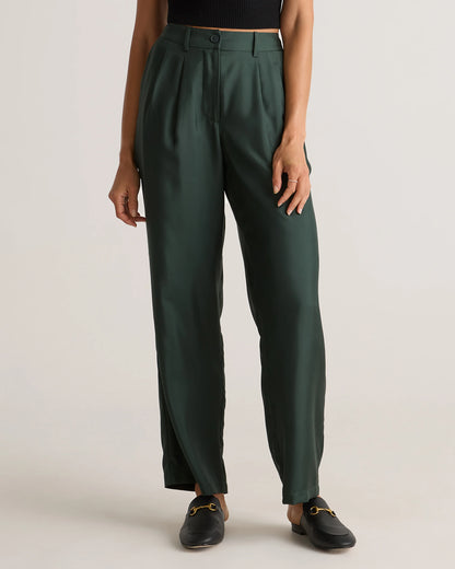 100% Silk Twill Trouser - 0 / Forest Green