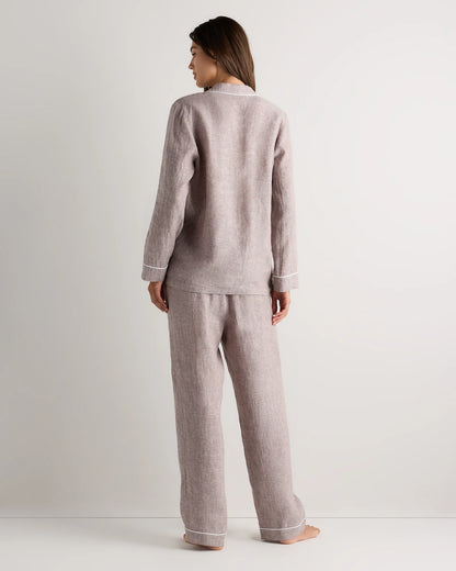 100% European Linen Long Sleeve Pajama Set with Piping - XS / Taupe Brown Gingham