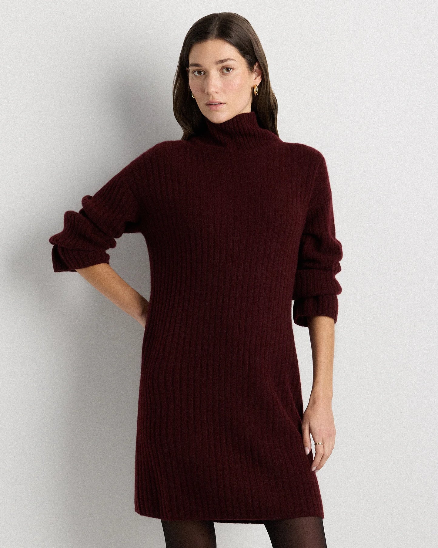 Mongolian Cashmere Ribbed Turtleneck Mini Dress - XS / Black