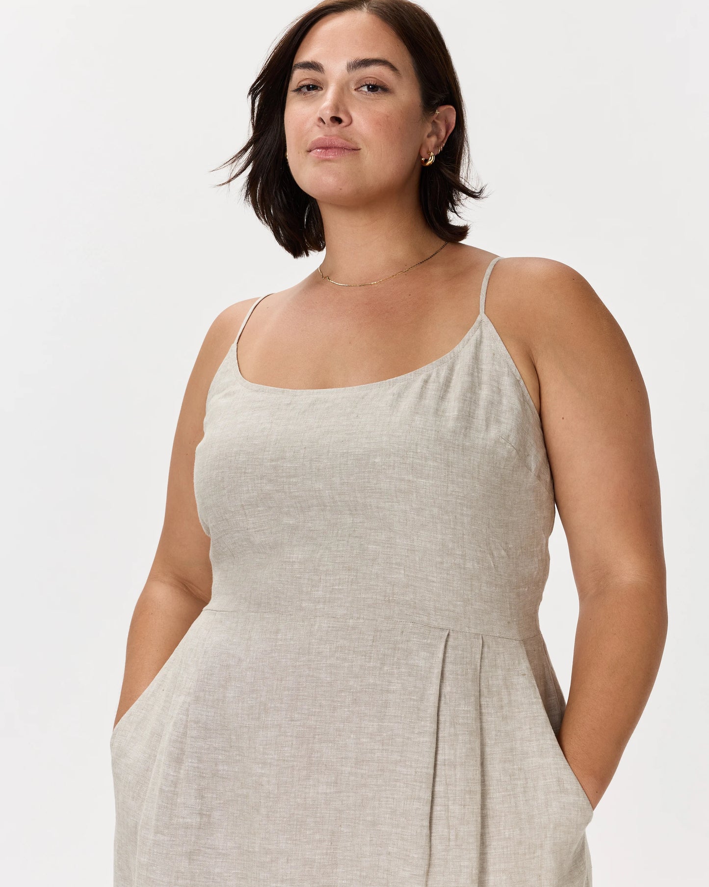 100% European Linen Scoop Neck Midi Dress - 1X / Deep Navy