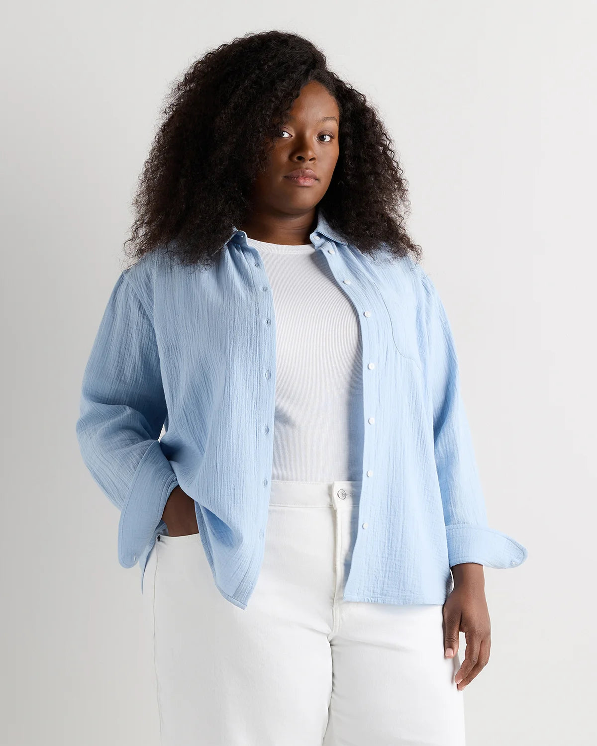 100% Organic Cotton Gauze Long Sleeve Shirt - 1X / White