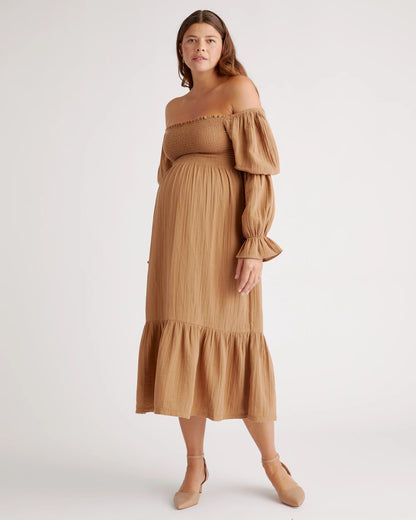 100% Organic Cotton Gauze Maternity Smocked Midi Dress - XS / Wild Cherry