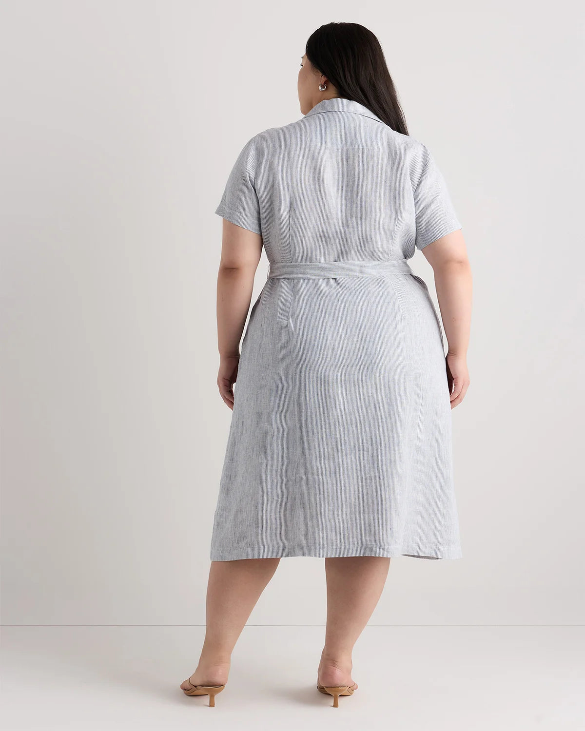 100% European Linen Button Front Dress - 1X / Blue Pinstripe
