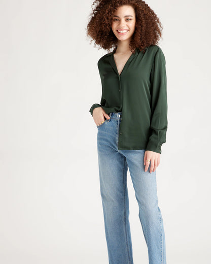 Washable Stretch Silk Notch Collar Blouse - XS / Moonstone Blue