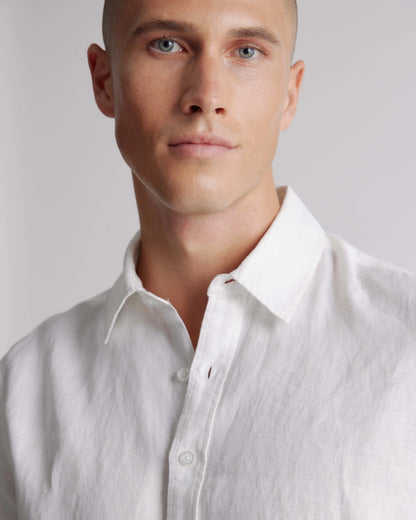 100% European Linen Relaxed Short Sleeve Shirt - XS / Taupe Brown Chambray