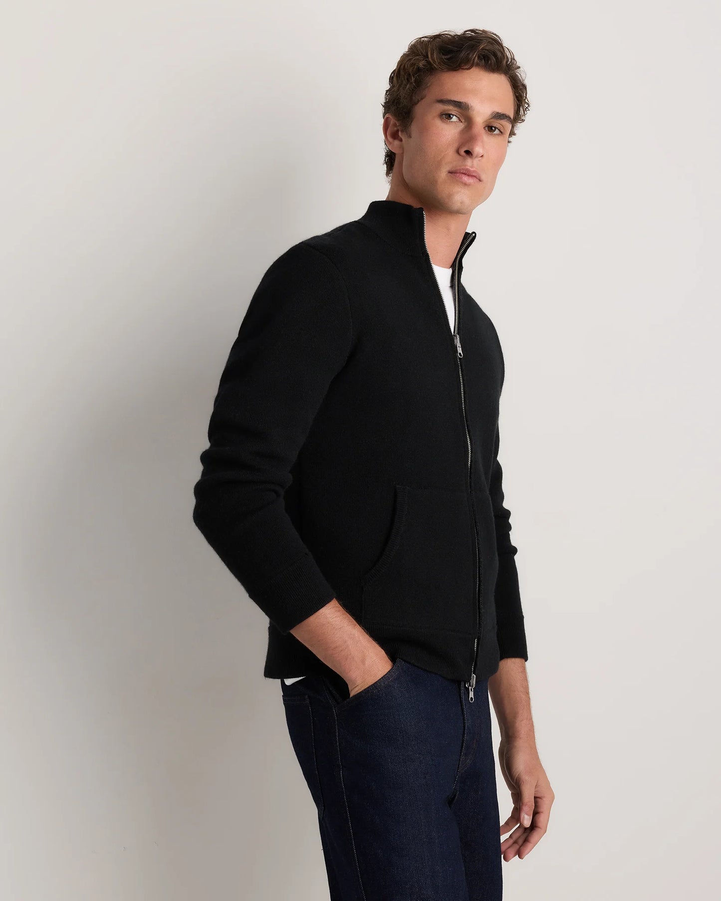100% Reversible Cashmere Full Zip Sweater - S / Black/Charcoal