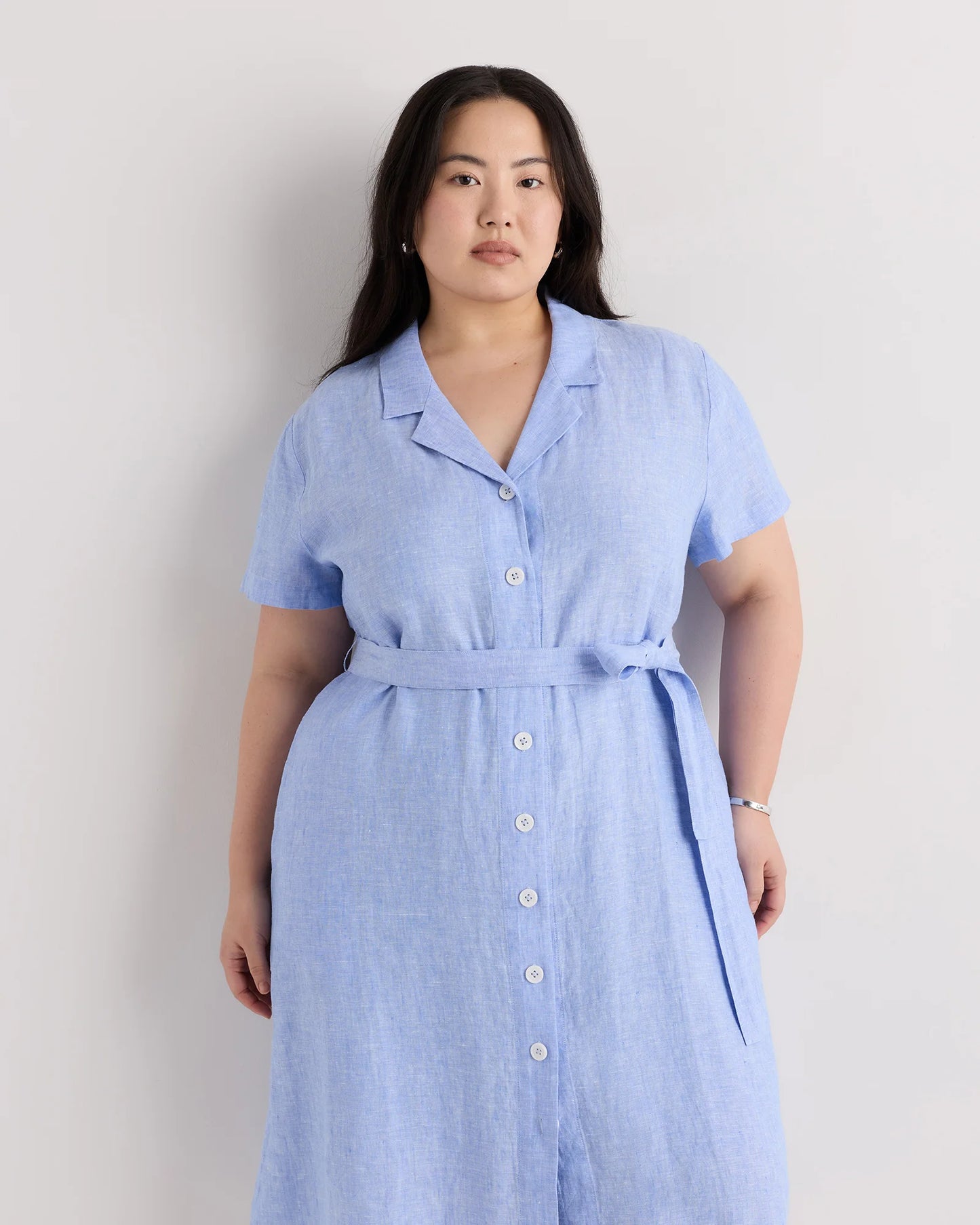 100% European Linen Button Front Dress - 1X / Blue Pinstripe