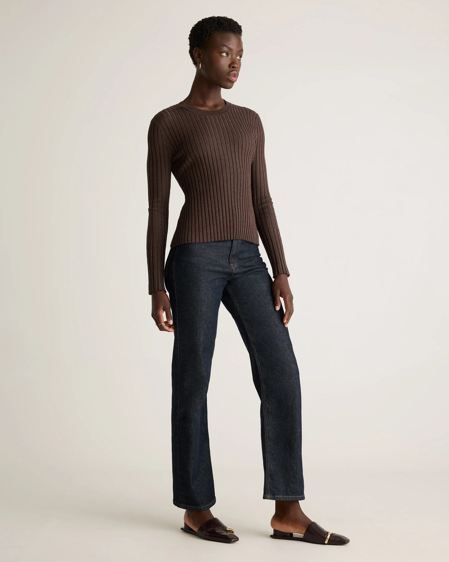 Cotton Cashmere Ribbed Long Sleeve Sweater - XS / Sugar Stone