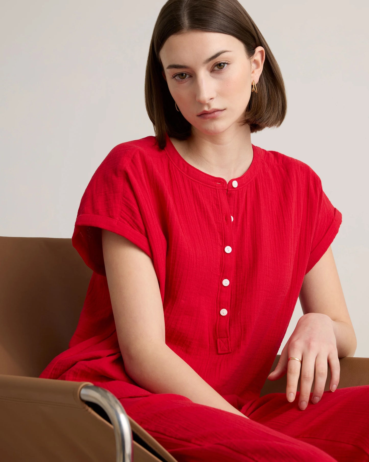 100% Organic Cotton Gauze Roll Sleeve Shirt - XS / Spiced Orange