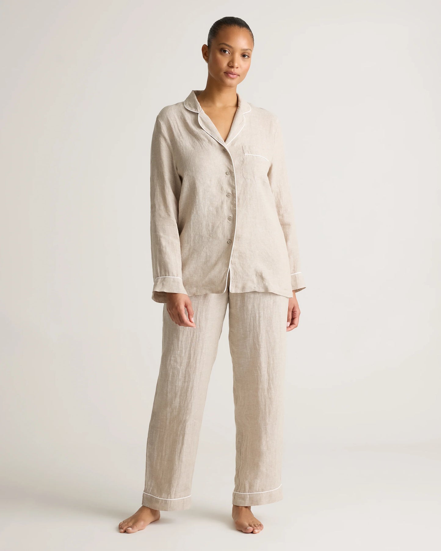 100% European Linen Long Sleeve Pajama Set with Piping - XS / Taupe Brown Gingham