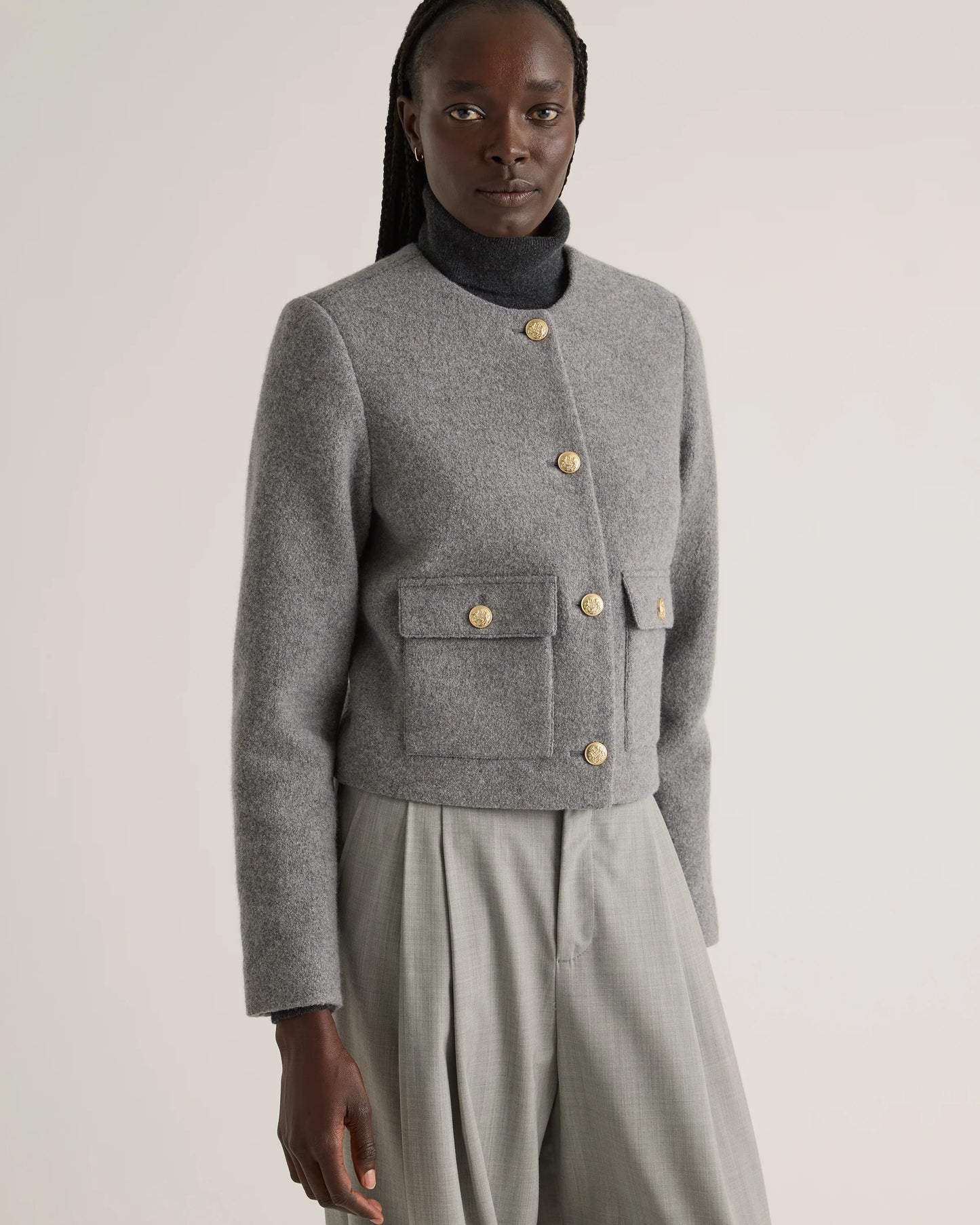100% Merino Wool Collarless Cropped Jacket - XS / Heather Bone