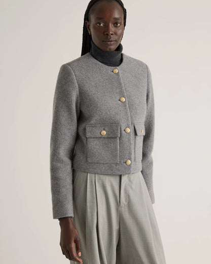 100% Merino Wool Collarless Cropped Jacket - XS / Heather Bone
