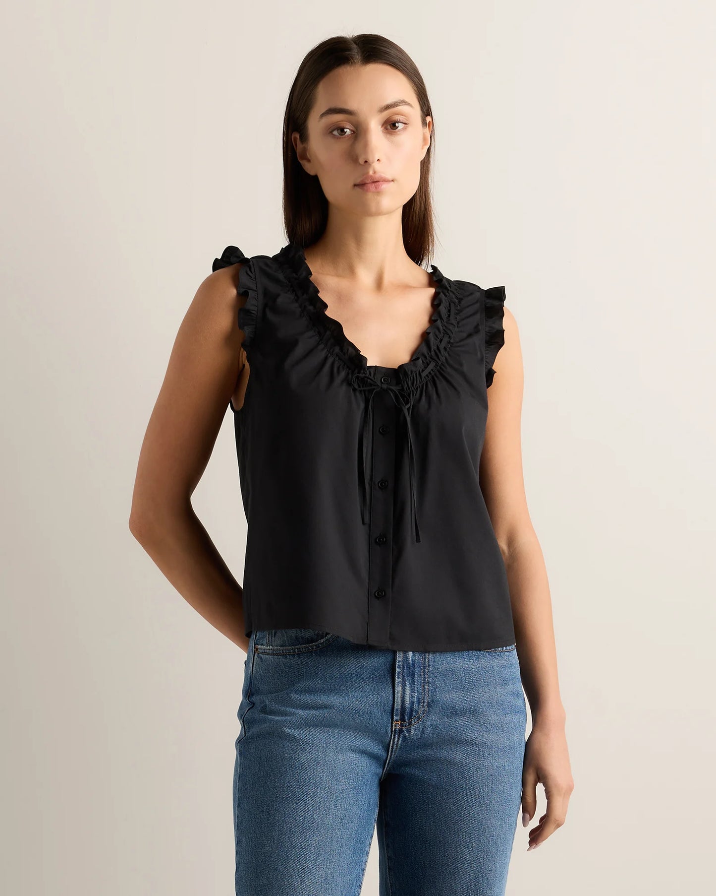 Cotton Viscose Voile Ruffle Trim Tank - XS / Classic Mini Gingham