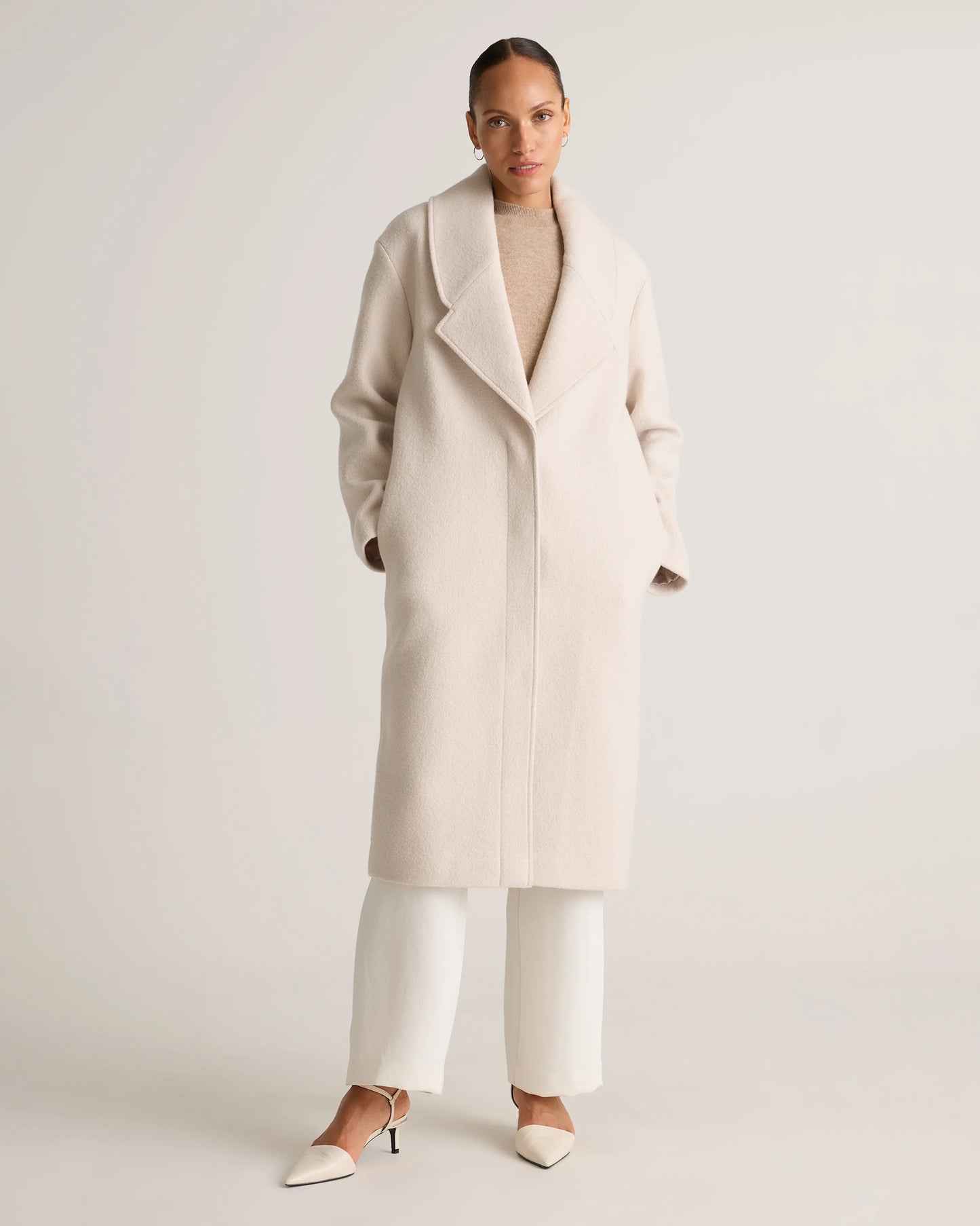 100% Merino Wool Shawl Collar Long Coat - XS / Heather Bone