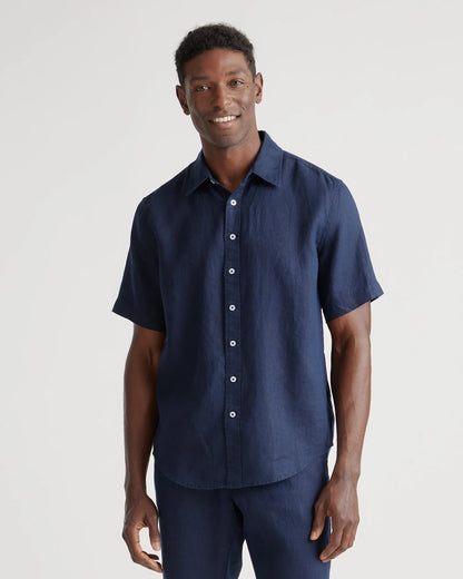 100% European Linen Relaxed Short Sleeve Shirt - XS / Taupe Brown Chambray