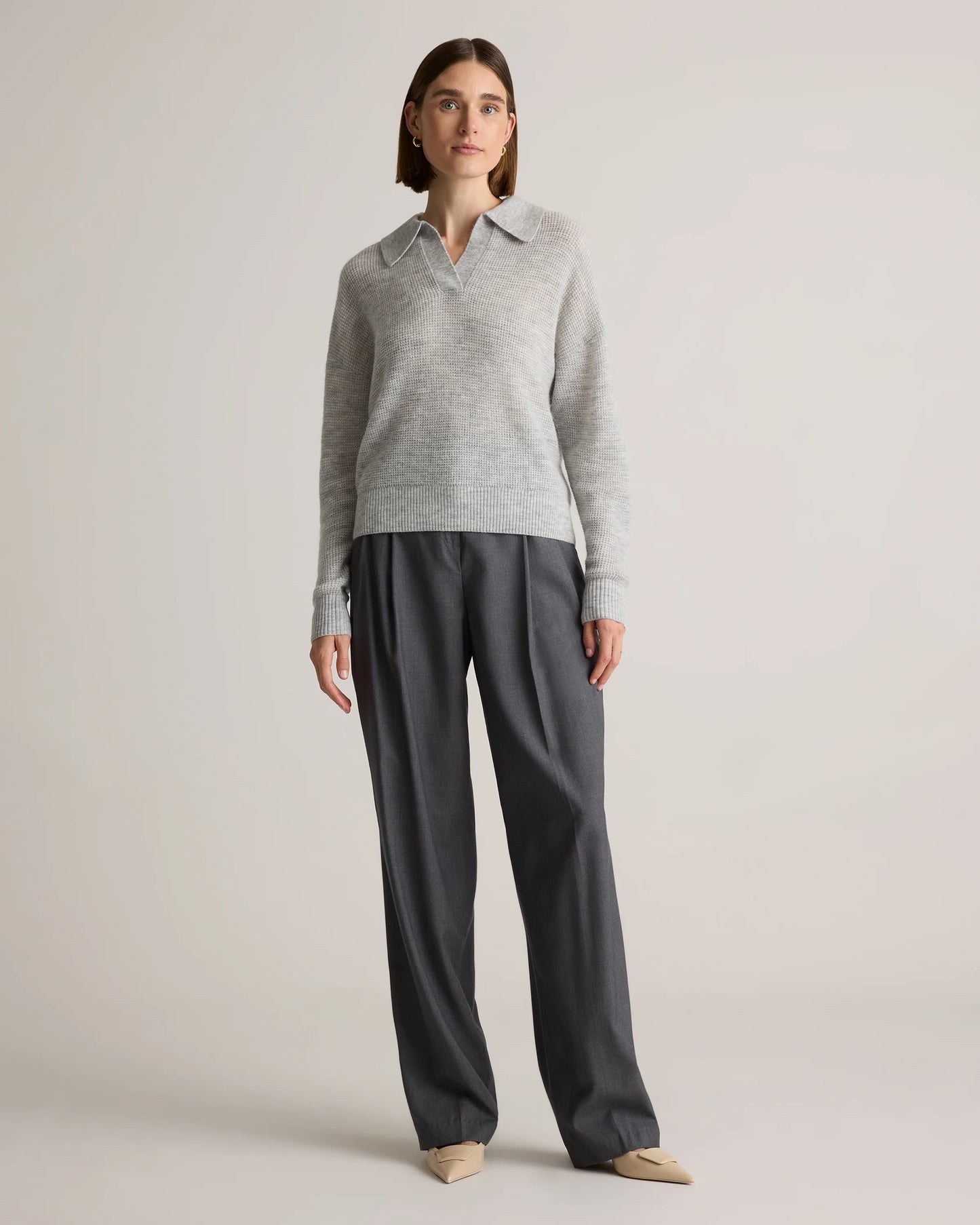 Baby Alpaca-Wool Waffle Stitch Polo Sweater - XS / Ivory