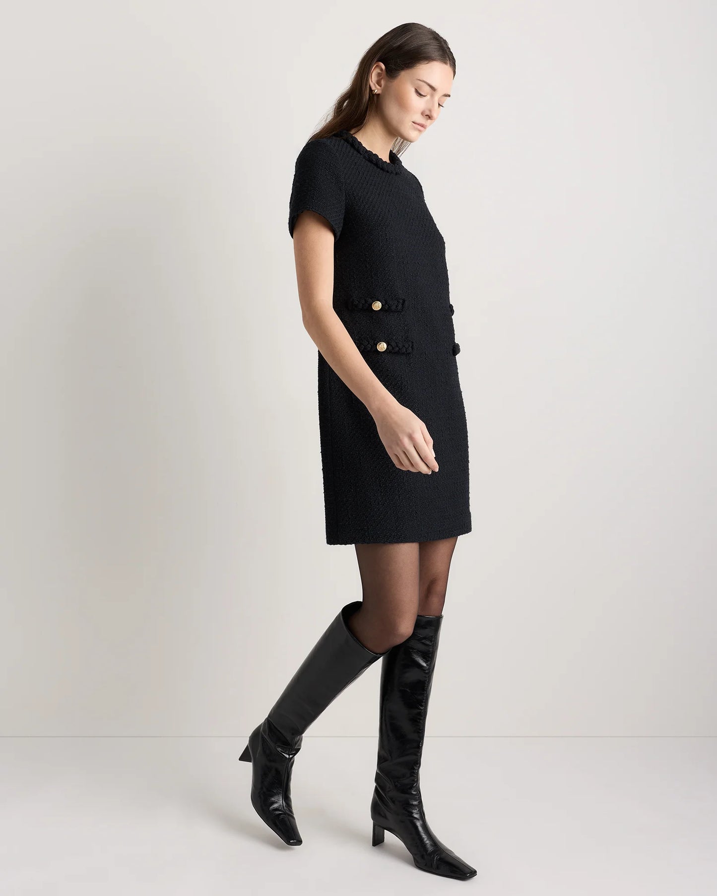 Tweed Short Sleeve Mini Dress - XS / True Black