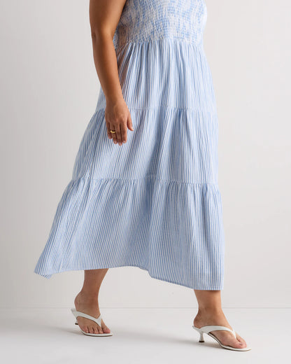 100% Organic Cotton Gauze Smocked Sleeveless Maxi Dress - 1X / Ocean Breeze