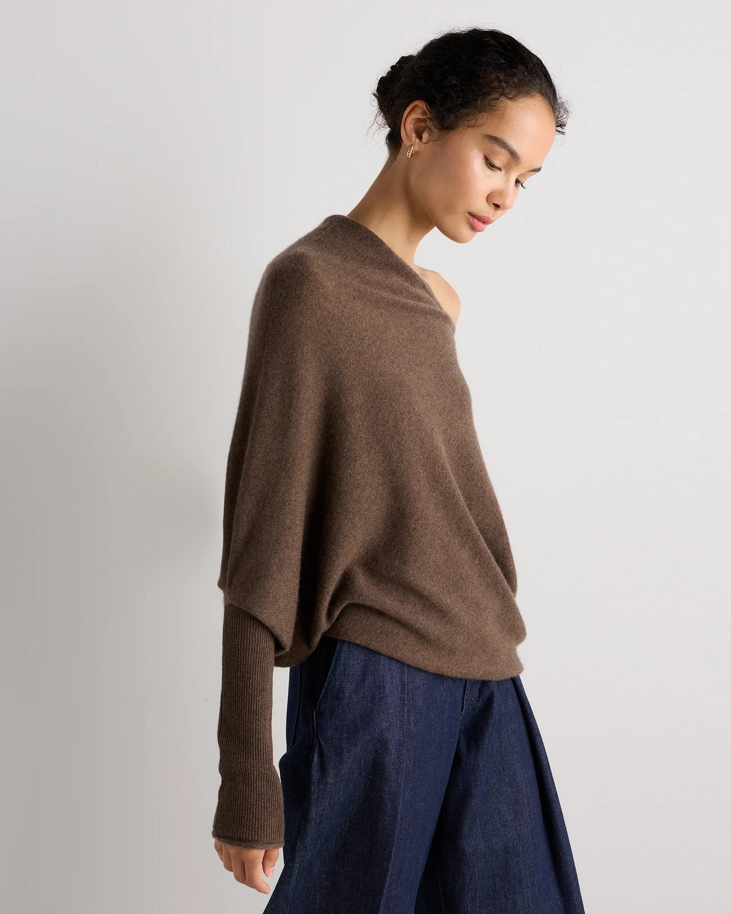 100% Mongolian Cashmere Asymmetric Draped Sweater - XS / Brown