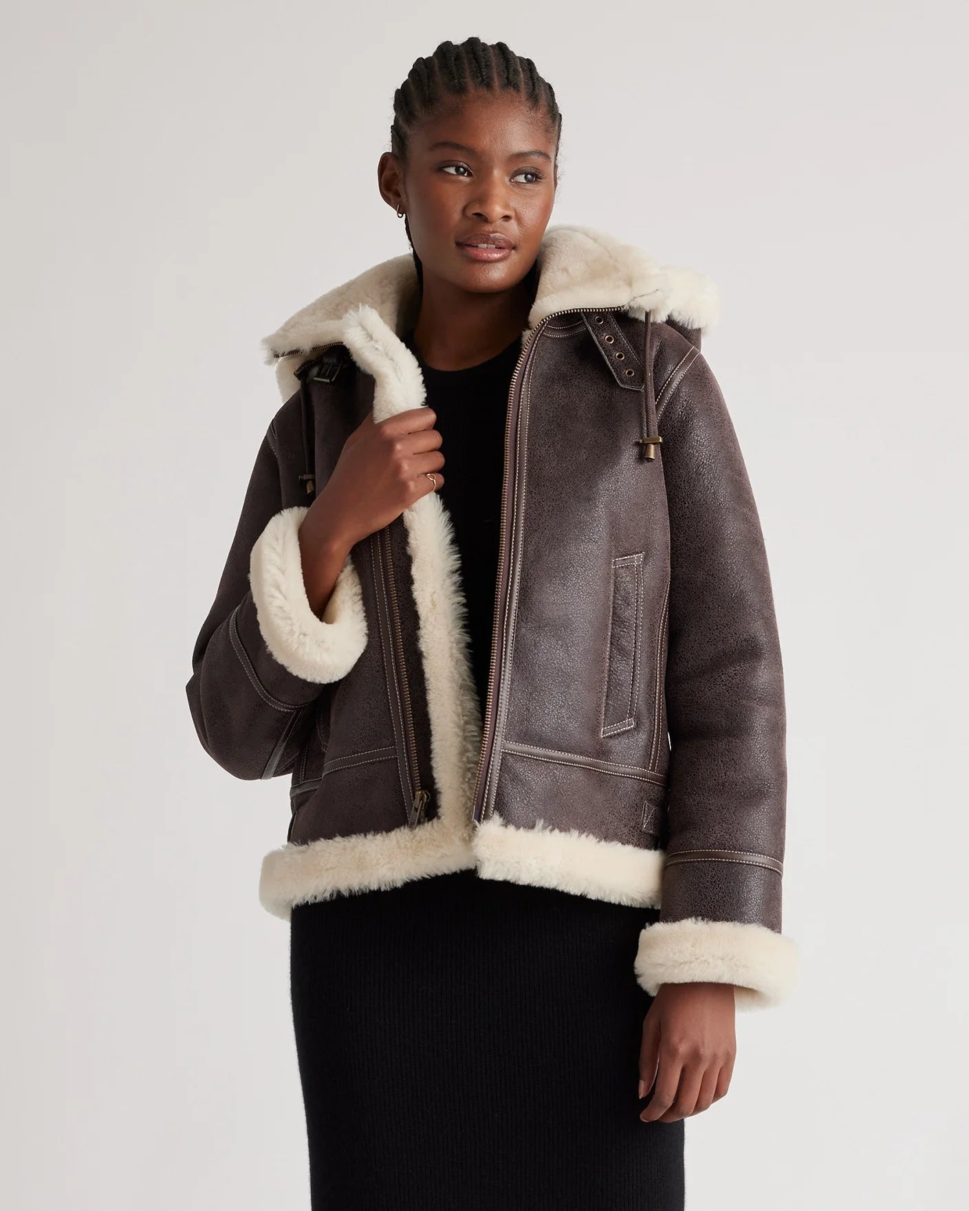 100% Shearling Cold Weather Bomber Jacket - XS / Black