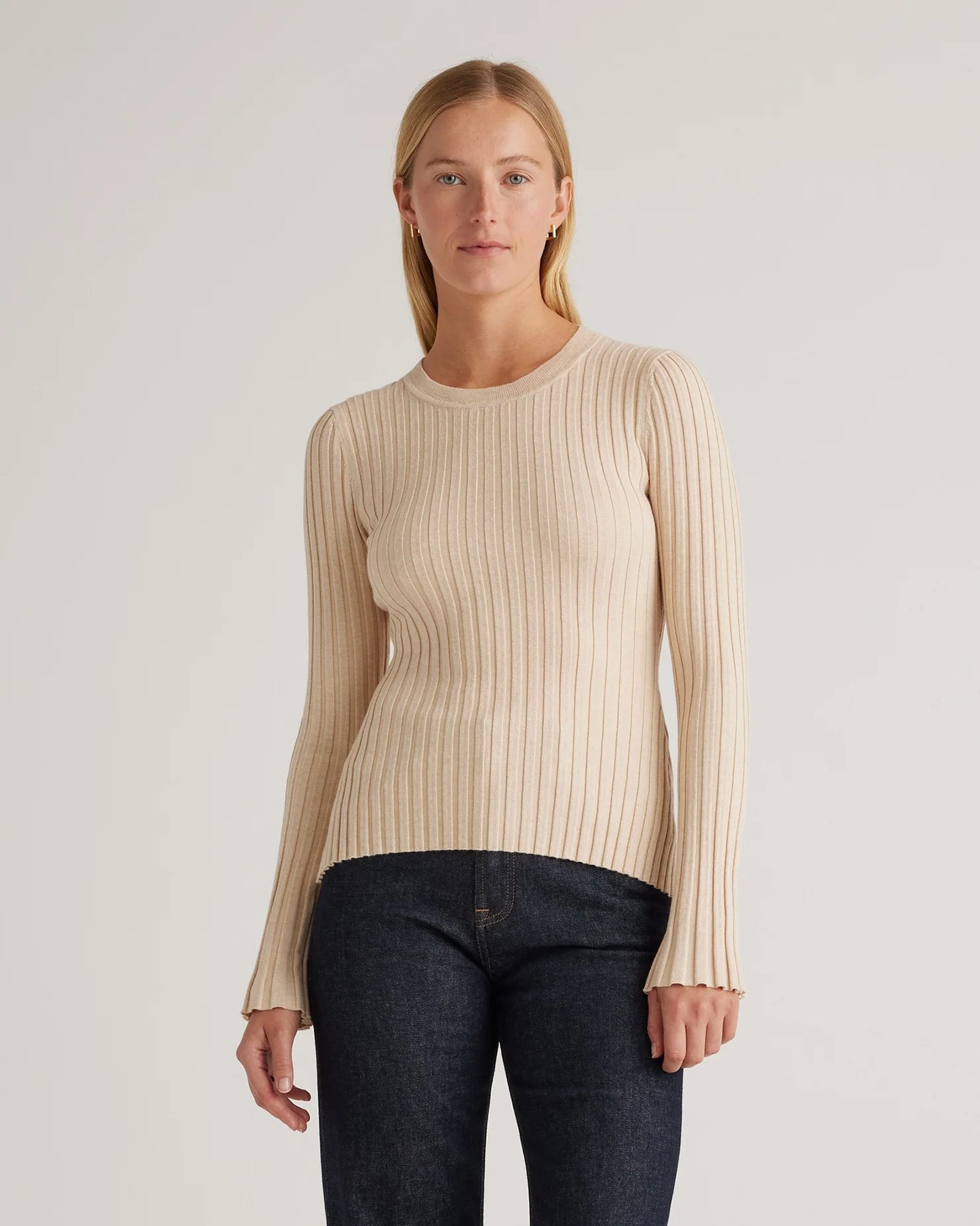 Cotton Cashmere Ribbed Long Sleeve Sweater - XS / Sugar Stone