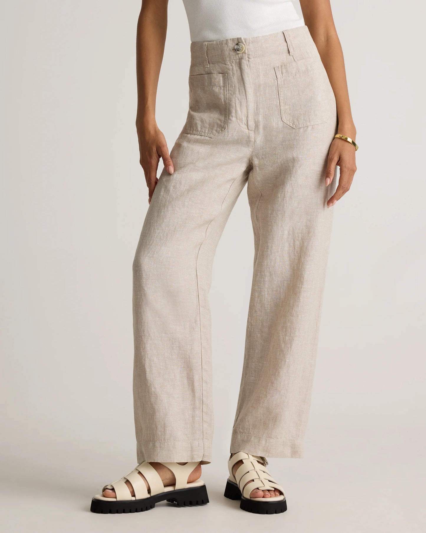 100% European Linen Patch Pocket Wide Leg Pants - 0 / Taupe Brown Chambray