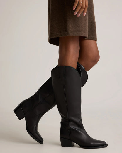 Italian Leather Tall Western Boots - 5 / Black