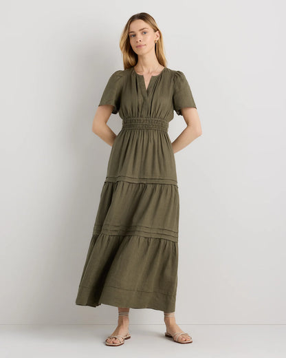 100% European Linen Tiered Maxi Dress - XS / Ivory Porcelain Blue Petite Floral