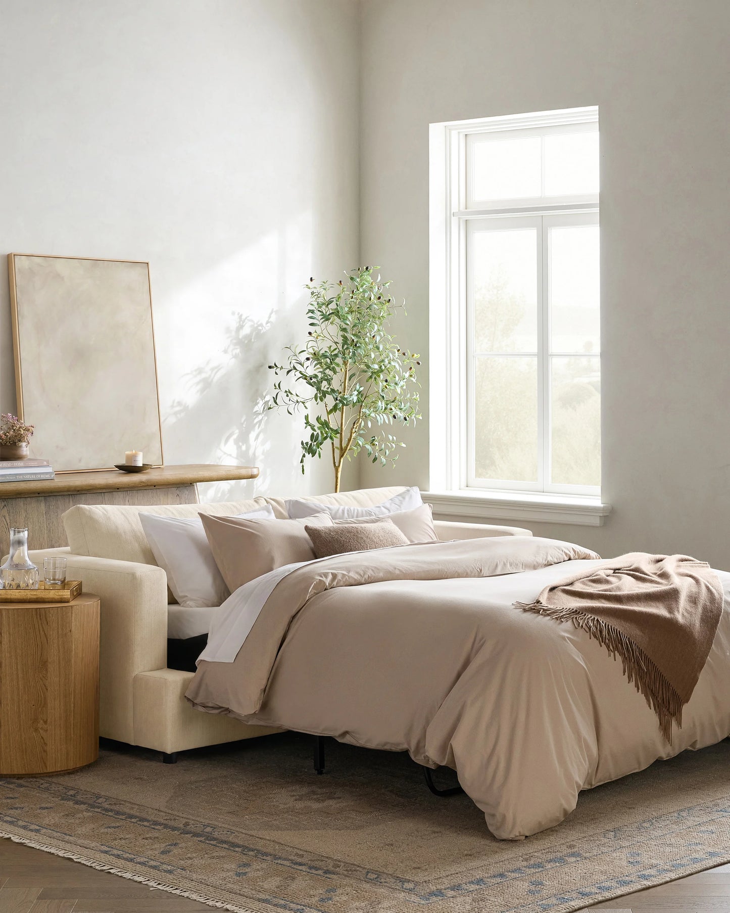 Sierra Curved Arm Sleeper Sofa in Performance Basketweave - One Size / Flax