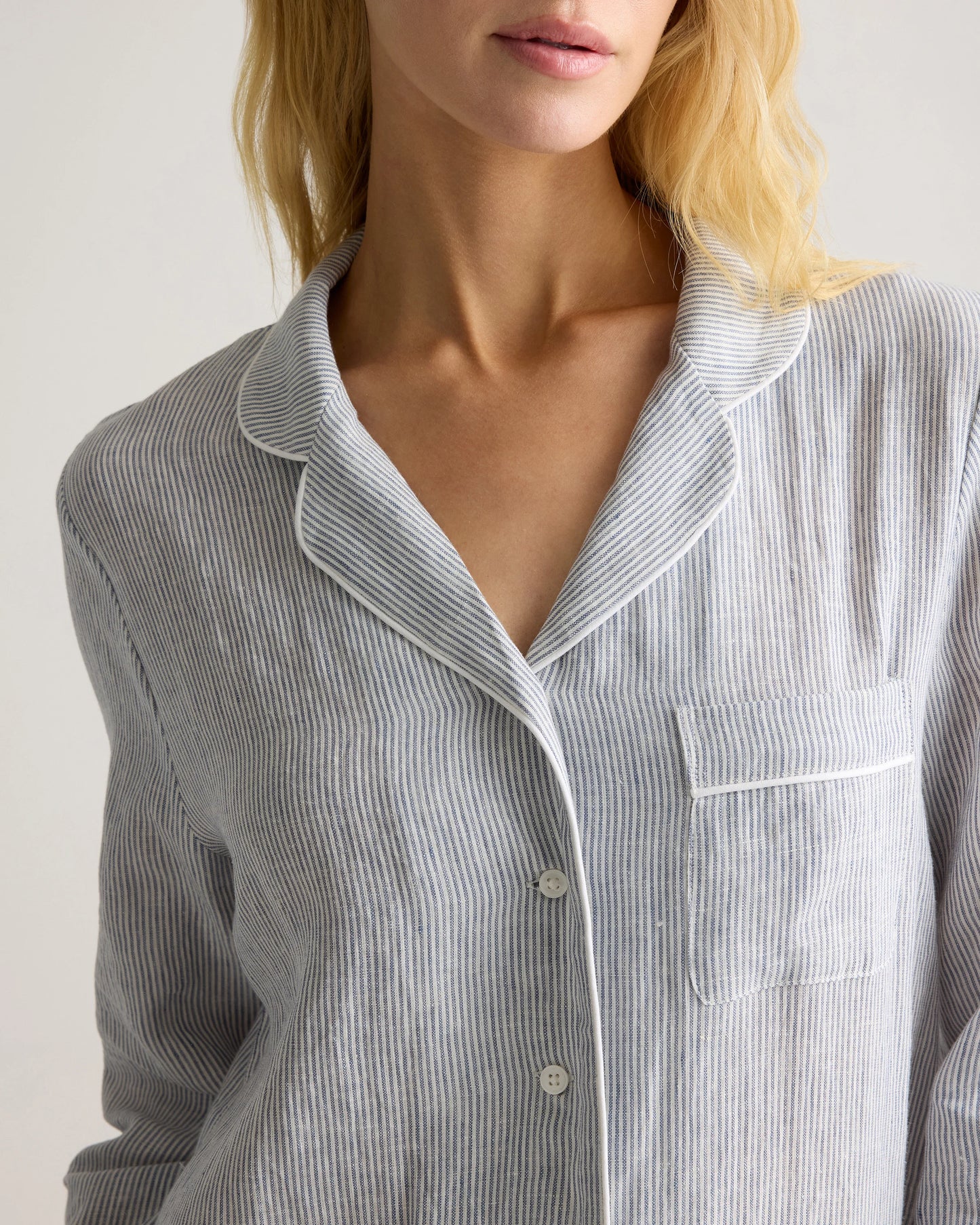 100% European Linen Long Sleeve Pajama Set with Piping - XS / Taupe Brown Gingham