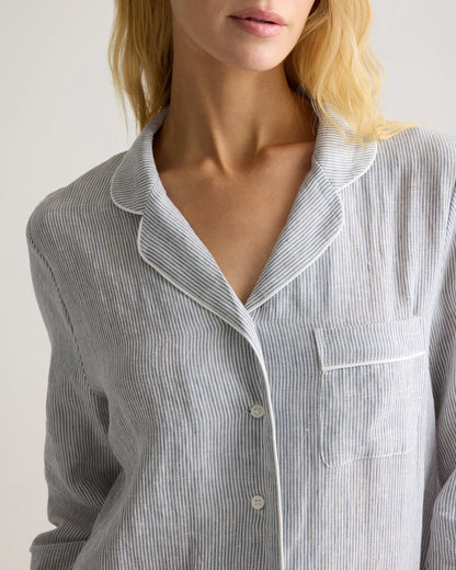 100% European Linen Long Sleeve Pajama Set with Piping - XS / Taupe Brown Gingham