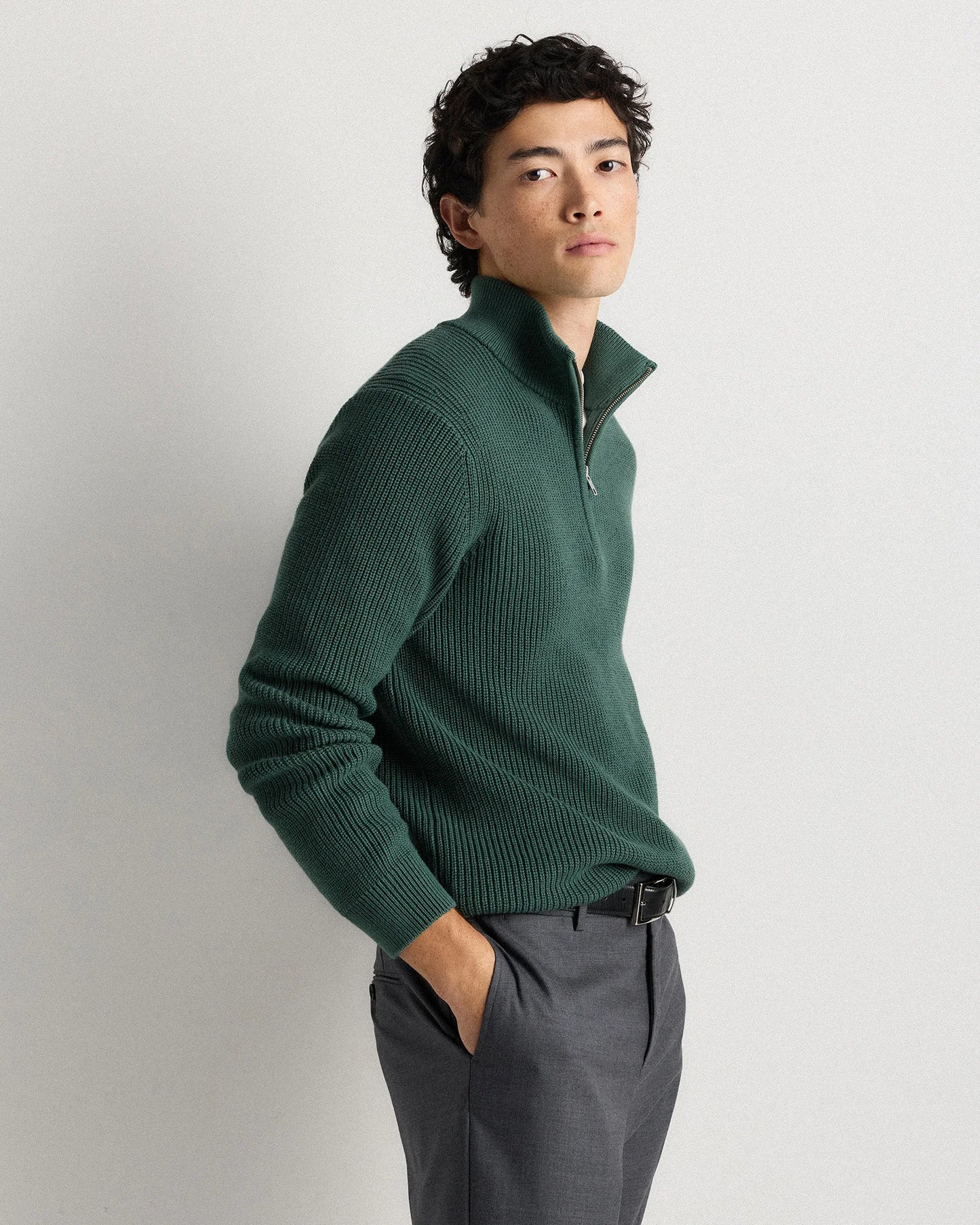 100% Organic Cotton Ribbed Quarter-Zip Sweater - S / Navy