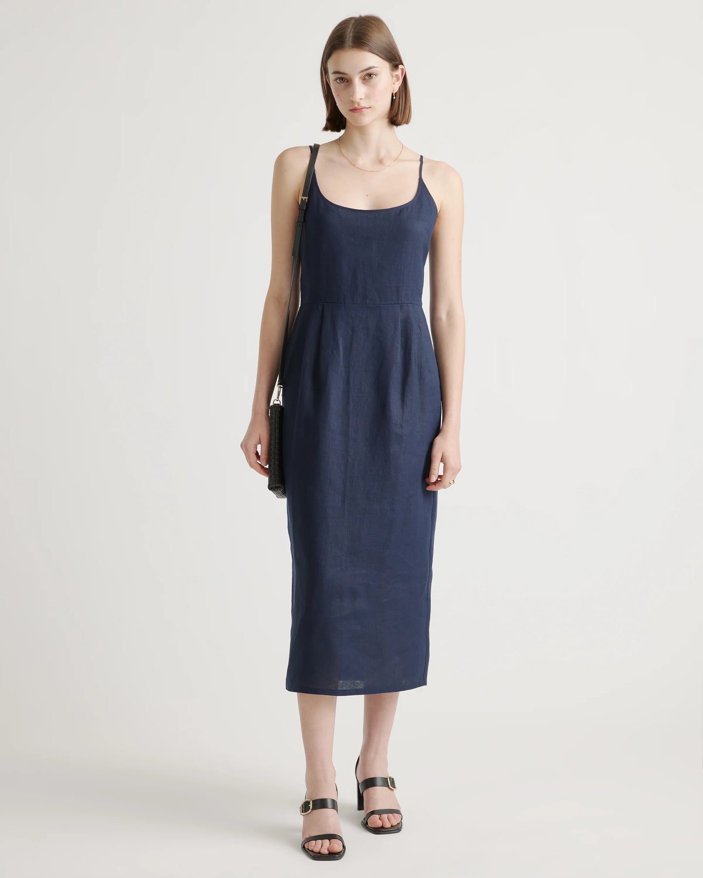 100% European Linen Scoop Neck Midi Dress - XS / Ivory Porcelain Blue Petite Floral