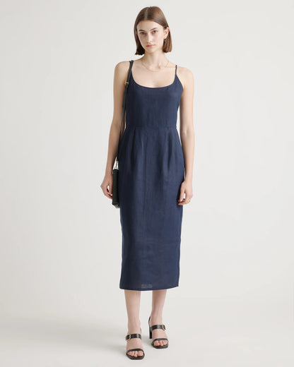 100% European Linen Scoop Neck Midi Dress - XS / Ivory Porcelain Blue Petite Floral