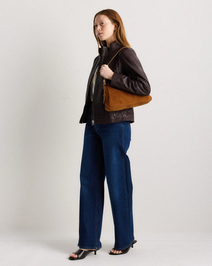 Italian Suede Small Shoulder Bag - One Size / Chocolate Brown