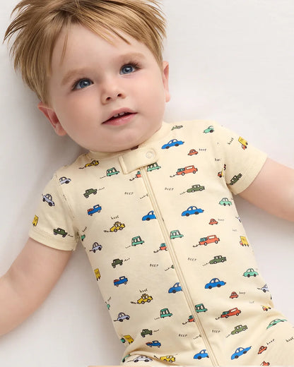 100% Organic Cotton Shortie Onesie Pajama - 0-3M / Animal Faces