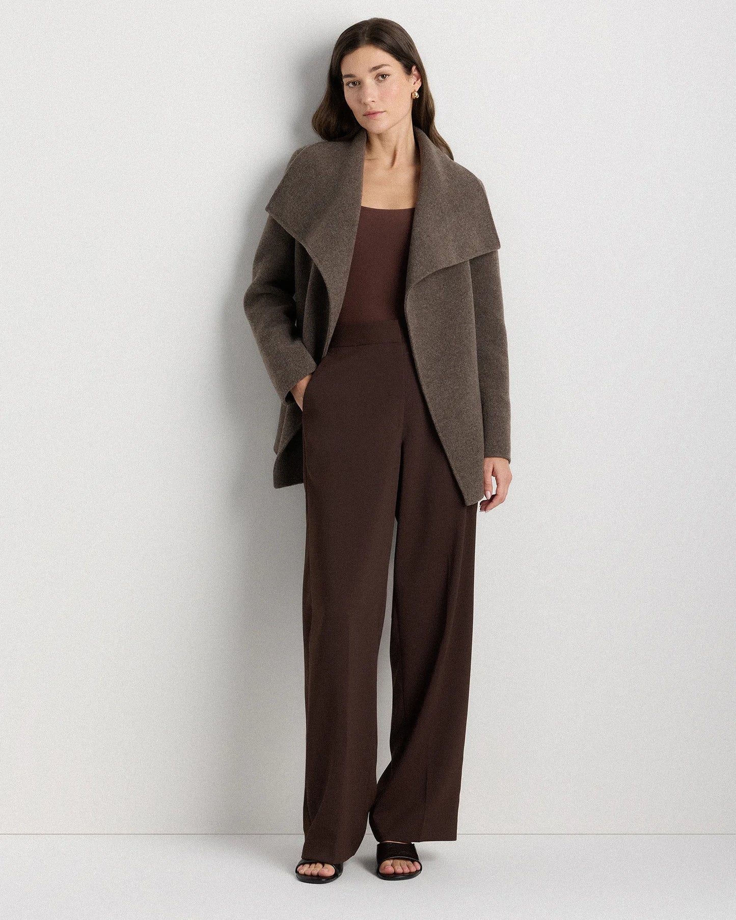 Double-Faced Merino Wool Draped Collar Short Wrap Coat - XS / Cocoa Melange