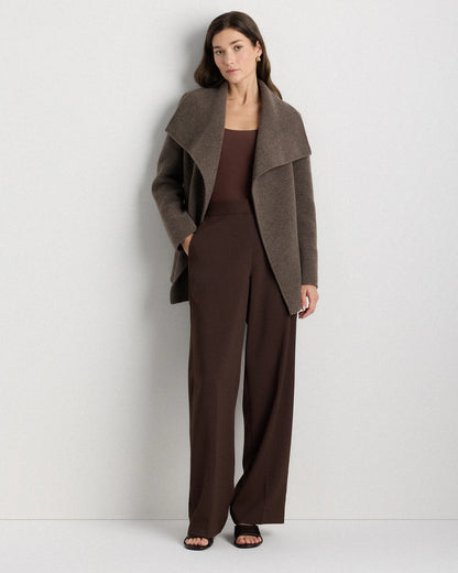 Double-Faced Merino Wool Draped Collar Short Wrap Coat - XS / Cocoa Melange