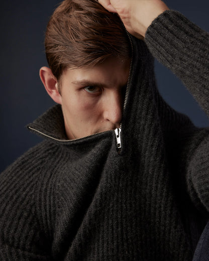 Mongolian Cashmere Fisherman Quarter Zip Sweater - S / Navy Marl