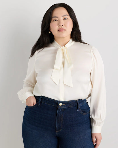 Washable Stretch Silk Tie Neck Blouse - 1X / Ivory