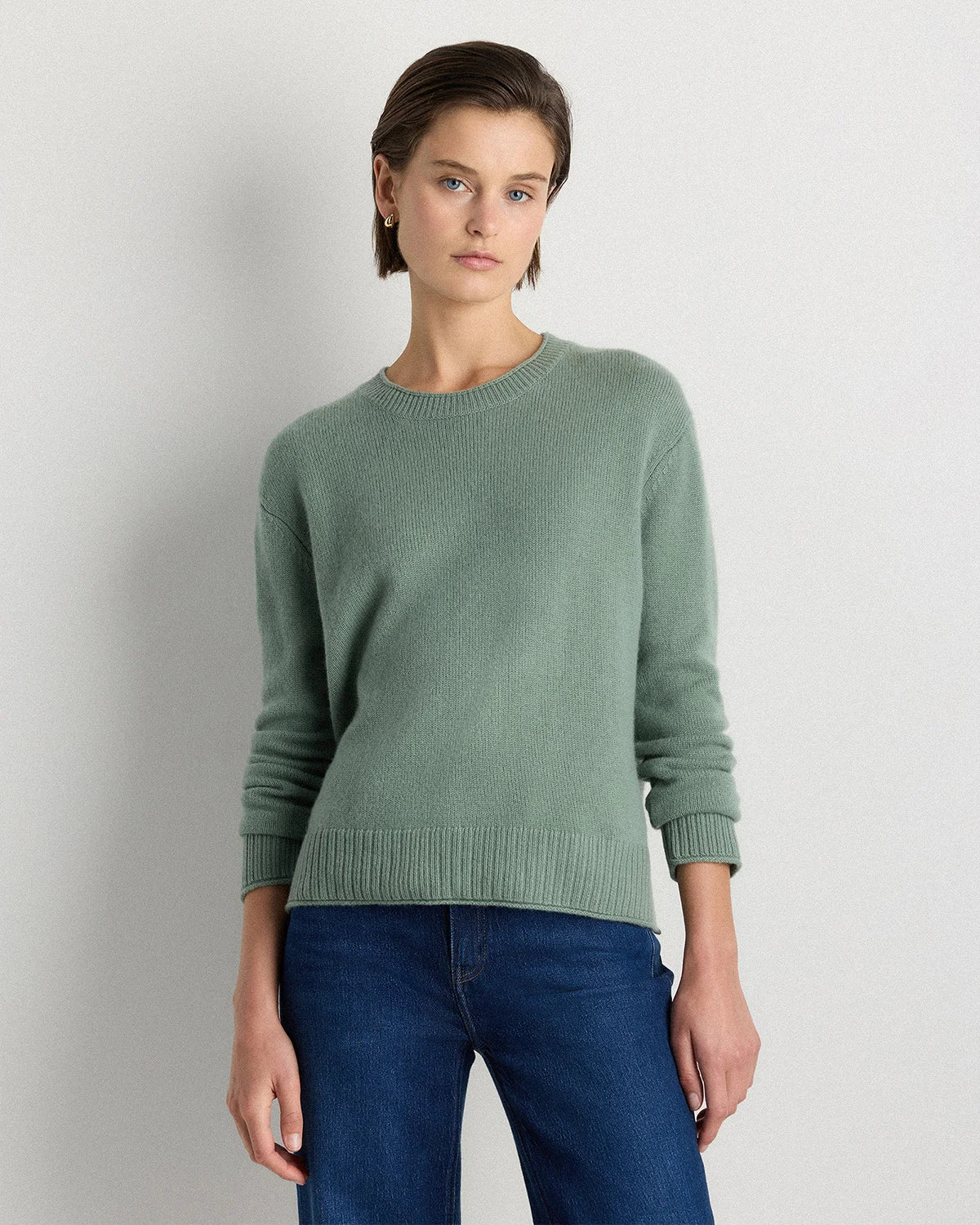 Mongolian Cashmere Boxy Crewneck Sweater - XS / Faded Denim/Brown/Ivory Variegated Stripe