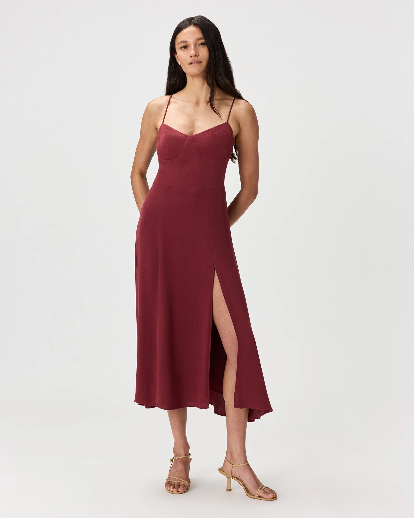 Lightweight Crepe Sweetheart Midi Dress - XS / Maroon