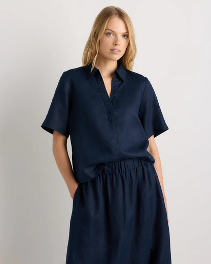 100% European Linen Short Sleeve Popover Top - XS / Blue Pinstripe
