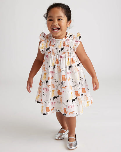 100% Organic Cotton Poplin Smocked Flutter Sleeve Dress - 2T / Blue Ditsy Floral