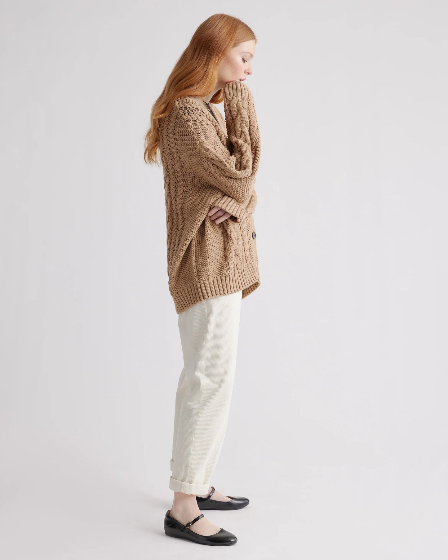 100% Organic Cotton Oversized Cable Cardigan - XS / Heather Brown