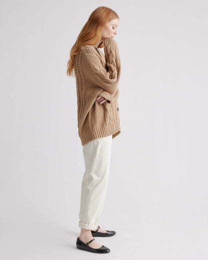 100% Organic Cotton Oversized Cable Cardigan - XS / Heather Brown